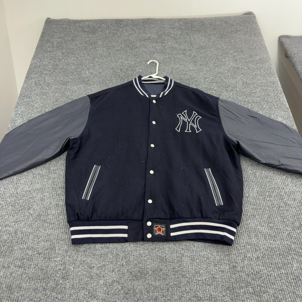 New York Yankees JH Design Varsity Jacket Mens 2XL Navy Wool Leather Reversible
